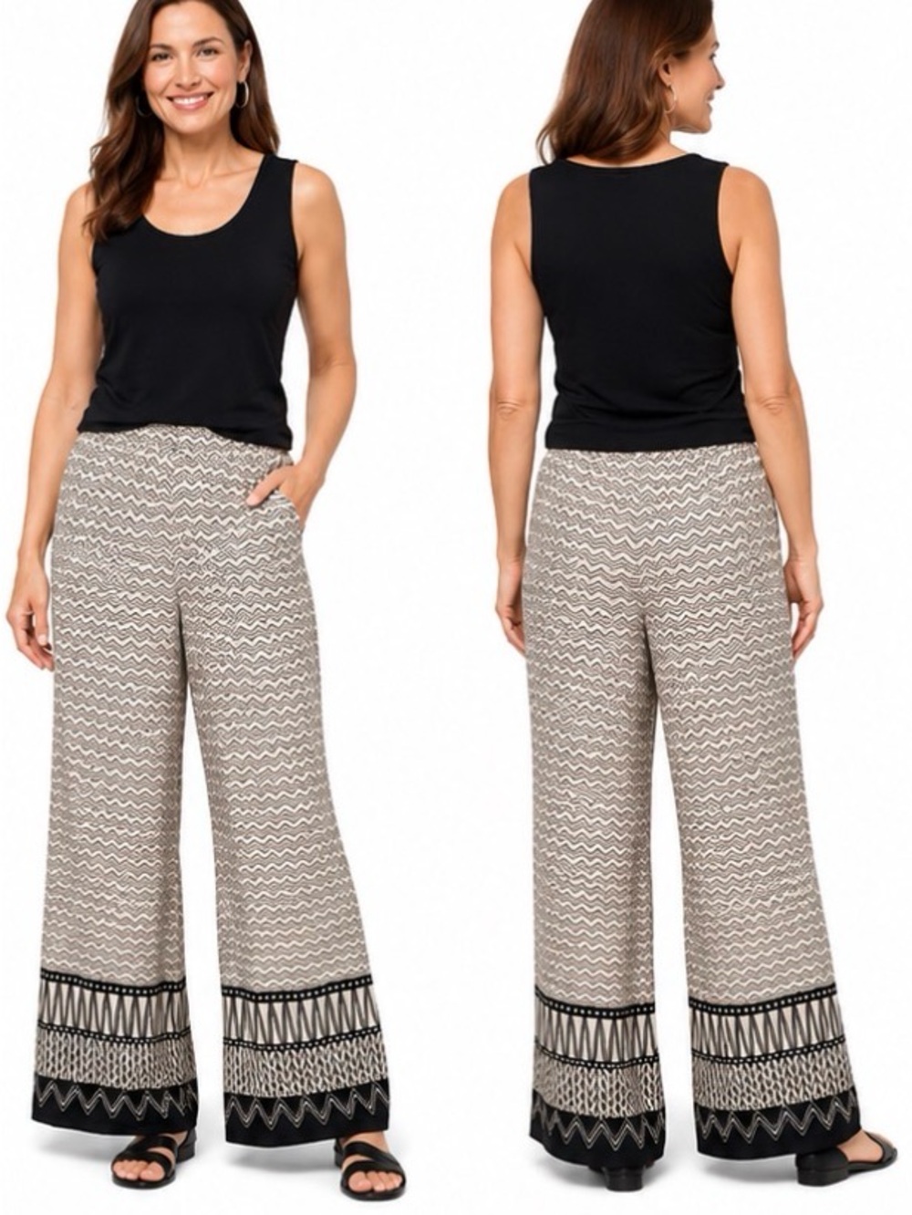Chico's Wide Leg culottes Pants Sz 12 silk Border Print Palazzo summer boho